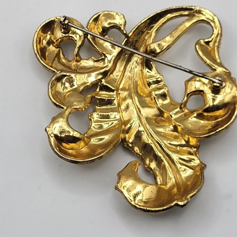 Vintage 1940s Pot Metal Brooch Gold Plating Clear Rhinestone Leaf 2.5in